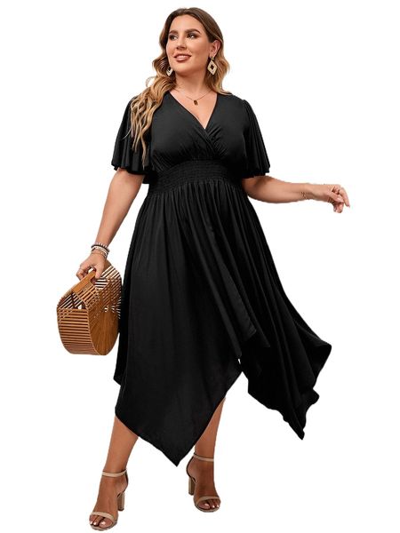 

plus butterfly sleeve shirred waist asymmetrical hem dress z9go#, Black