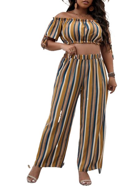 

plus block striped off shoulder frilled crop & wide leg pants r1ij#, Black