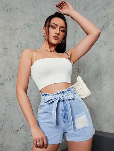 

paperbag waist ripped belted denim shorts r2bz#, White;black
