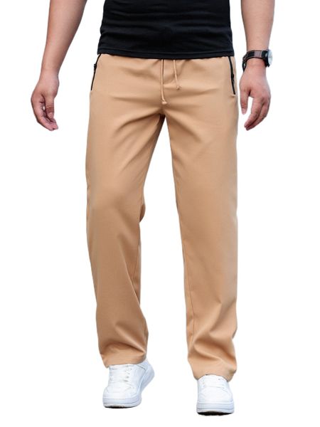 

men zip pocket drawstring waist straight leg pants o80q#, Black