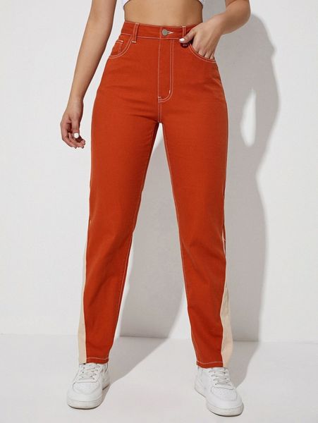 

colorblock high waisted straight leg pants q7tn#, Black;white