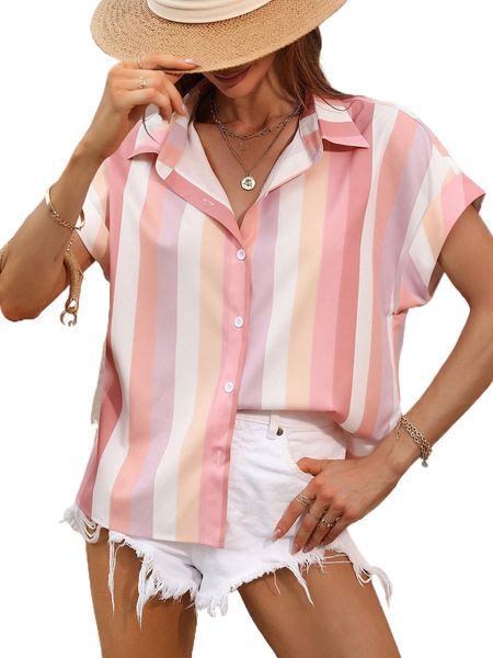 

button front batwing sleeve striped shirt t5ul#, White