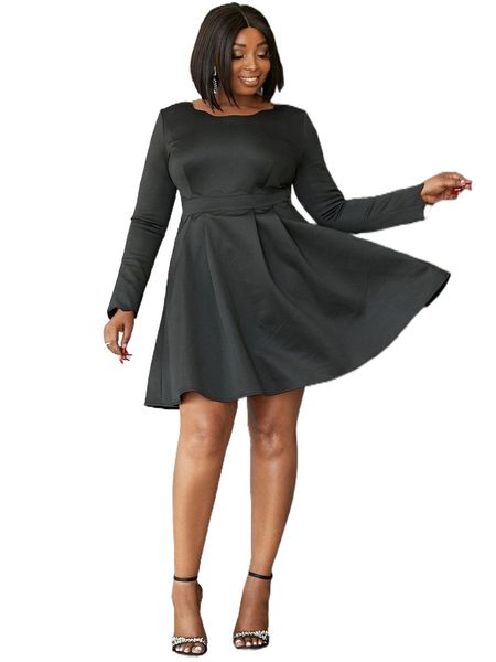 

seomiscky plus scallop edge bow detail low back dress 22vu#, Black