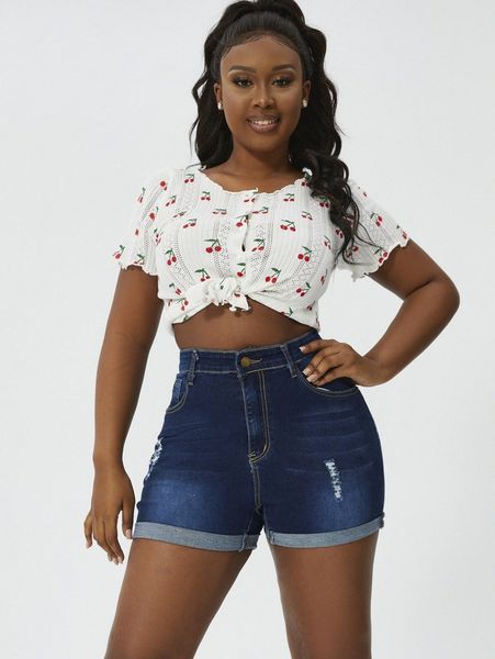 

plus high waist ripped cat whisker roll up hem denim shorts q35x#, White;black