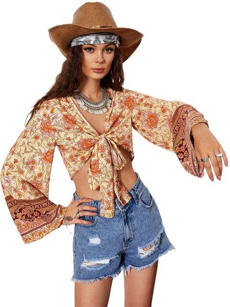 

floral print tie front k4ql#, White