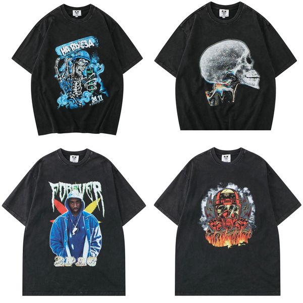 

22ss usa high street skulls washed tee skateboard hip hop t shirt mens women short sleeve street casual tshirt, White;black