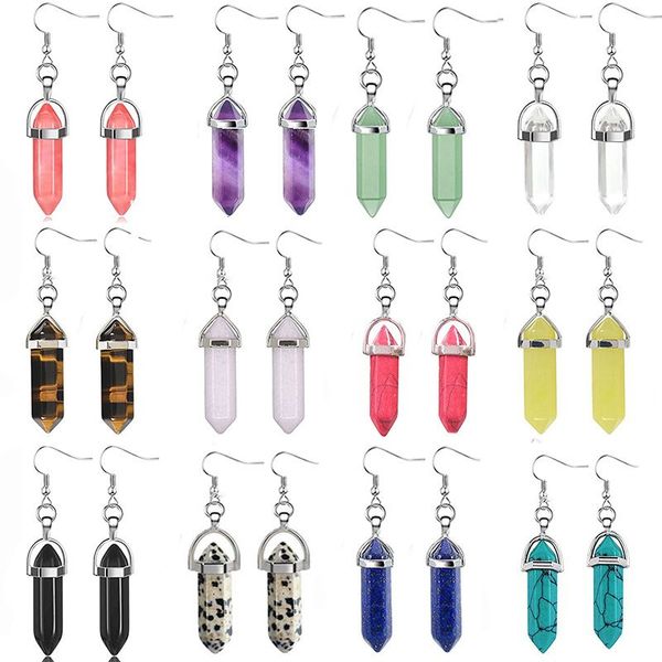 

geometric hexagonal natural stone bead drop quartz charm earring decoration jewelry piercing women gift 1 pair, Golden