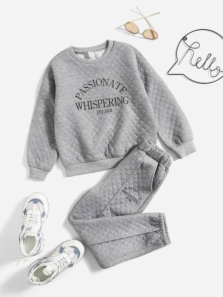 

girls letter graphic drop shoulder sweatshirt & carrot pants she, White