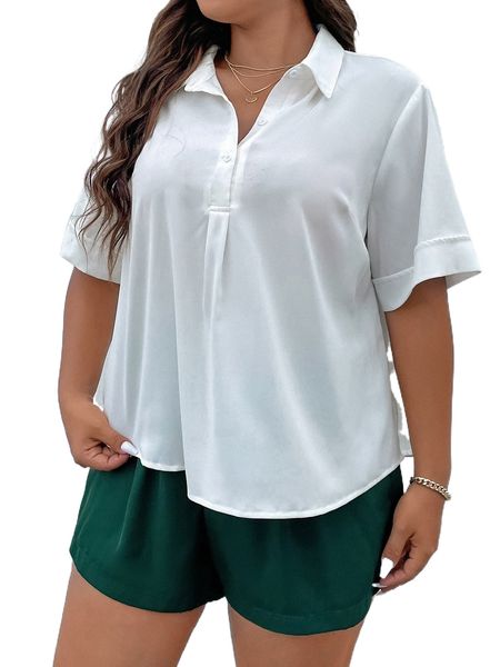 

plus solid button front blouse & shorts 46y0#, Black