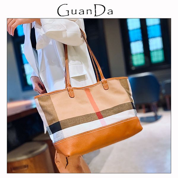 

luxury plaid canvas women tote bag versatile designer classic stripe large business ladies shoulder handbag leather shopper