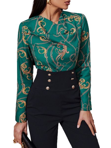 

random baroque & chain print draped blouse g1s3#, White