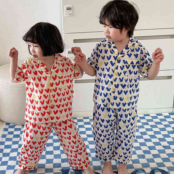 

baby girls boys pajamas suit children clothes kids pajamas set short sleeved cotton printed cardiganpants for summer l220715, Blue;red