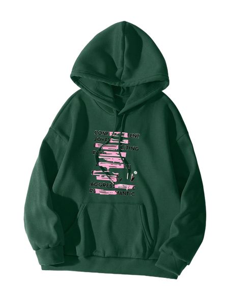 

letter & brush print kangaroo pocket drawstring thermal hoodie k5di#, Black