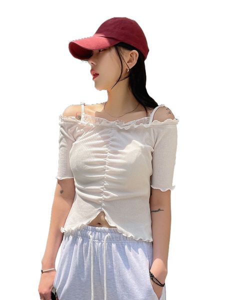 

dazy contrast lace lettuce trim cold shoulder tee o4xq#, White