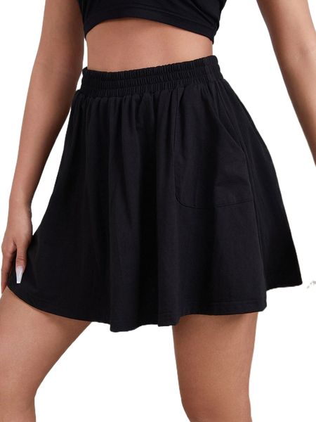 

high waist slant pocket skirt q00b#, Black