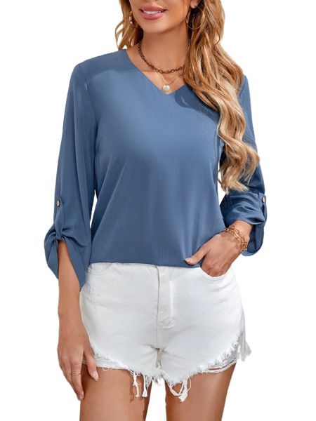 

emery rose solid roll up sleeve blouse s0ee#, White