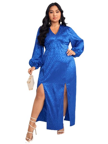 

plus jacquard lantern sleeve split thigh satin dress y2im#, Black