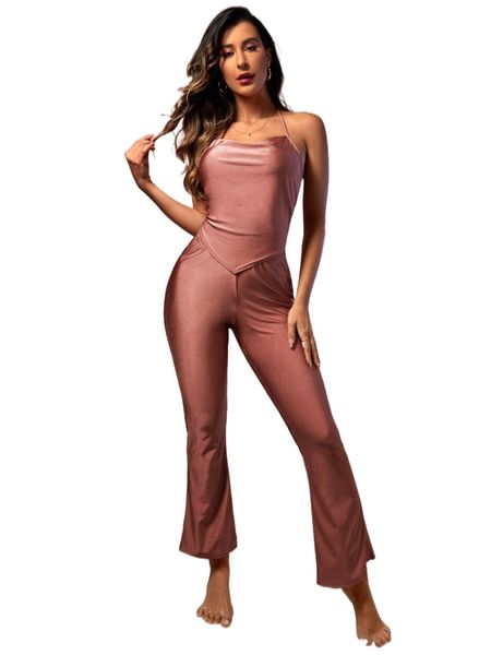 

draped front halter neck hanky hem flare leg lounge set o5ey#, Black;red