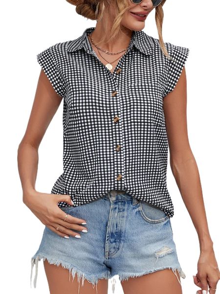

gingham patched pocket sleeveless shirt r9g2#, White