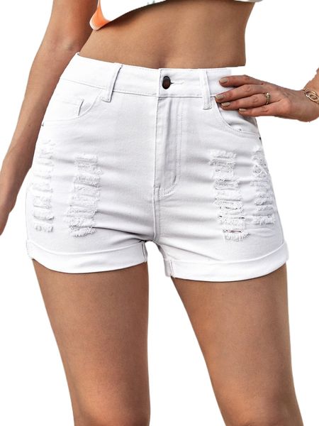 

high waist ripped roll up hem denim shorts 08oe#, White;black