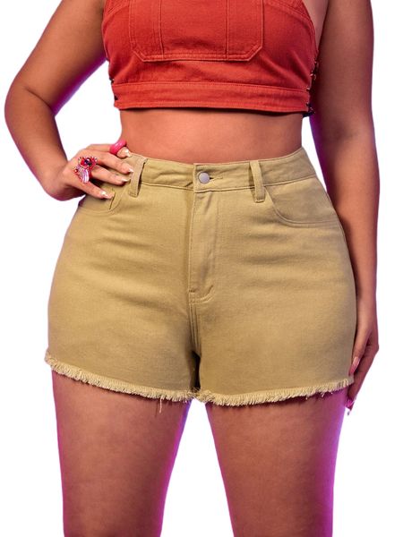 

plus raw hem slant pockets denim shorts without belt a29g#, White;black