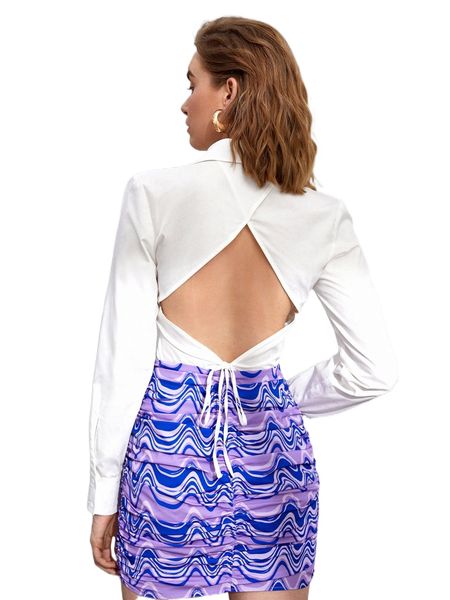 

cut out tie back blouse 078q#, White