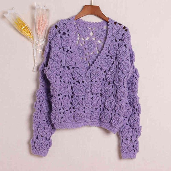 

women's knits tees meimei xiaxia's three-dimensional flower knitted cardigan hand hook rose covered with thin coat, White