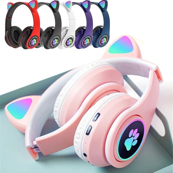 

flash light cute cat ear headphones wireless with mic can close led kids girls stereo phone music bluetooth headset gamer gift