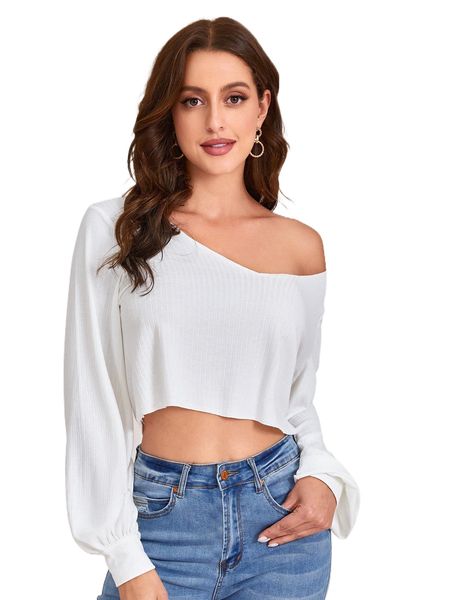 

lantern sleeve rib-knit crop tee c8rv#, White