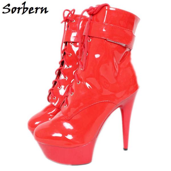 Sorbern Cross-Tied Ankle Boots Lackleder Spike Super High Heels Benutzerdefinierte Farbe Personalisiertes Design Plateau 2018 Damenstiefel