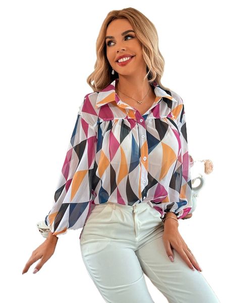 

geo print drop shoulder lantern sleeve blouse p5vx#, White