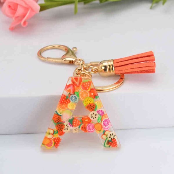 1 pc novo peças de frutas inglês letras resina keychain mulheres moda simplicidade bolsa pingente com tassel key anel acessórios aa220318