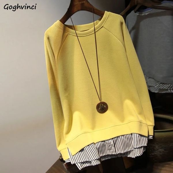 

sweatshirts women fake two pieces autumn loose korean style allmatch fashion patchwork oneck clothing aesthetic vintage 220815, Black