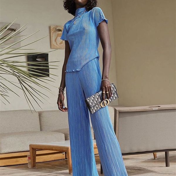 

clacive bodycon turtleneck tshirts two piece women summer blue pleated high waist pants set casual slim wide trouser suits 220618, White