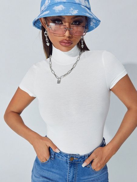 

petite solid stand neck slim t-shirt 460d#, White