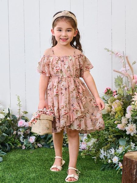 

toddler girls floral print cold shoulder ruffle trim wrap dress she, Red;yellow
