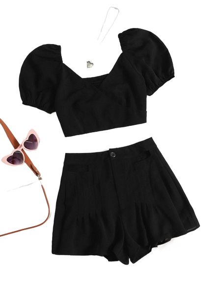

shirred back puff sleeve crop & shorts set j5fz#, White