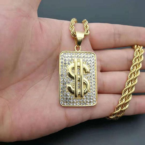 Colares de pingentes Hip Hop Bling gelo de shinestone ouro sólido aço inoxidável em dólares pingentes de dólar para homens jóias rapper cão tagpen