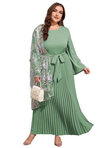 

plus contrast floral embroidery mesh pleated hem belted dress 53h2#, Black