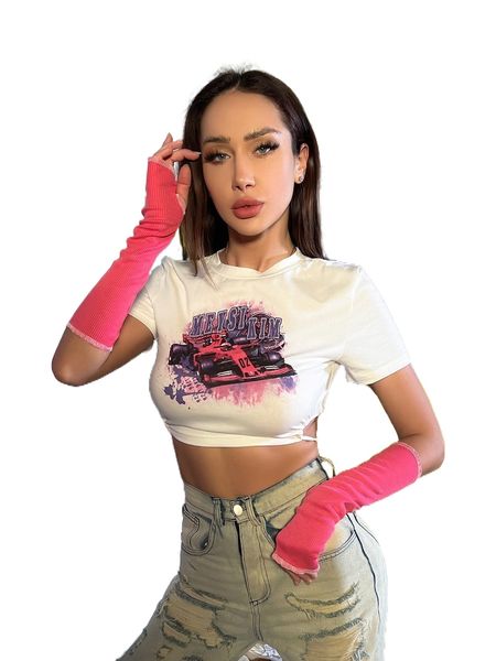 

meysi kim cartoon print crop tee with thumb holes sleeves r3vo#, White
