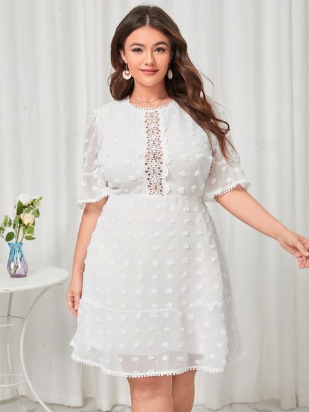 

plus swiss dot contrast lace ruffle hem dress v5tl#, Black