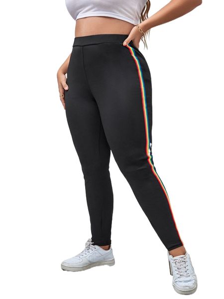 

plus contrast rainbow striped tape leggings 58u6#, Black