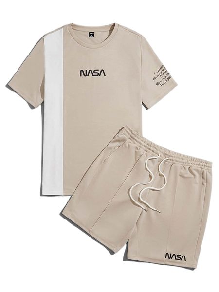 

men letter graphic tee & drawstring waist shorts w4sv#, Gray