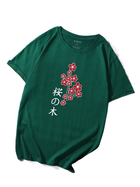 

men japanese letter & floral print tee h7hj#, White;black