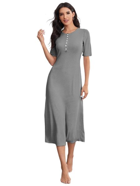 

half button solid lounge dress y9ci#, Black;red