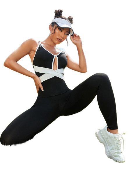 

colorblock cut out front criss cross back jumpsuit s849#, Gray