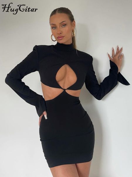 

solid long sleeve turtleneck hollow out mini dress 2022 fall bodycon party elegant streetwear vestidos outfit, Black;gray