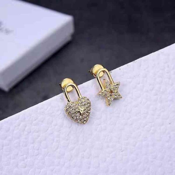 

fine jewellery ornament charm earring lock love five pointed star asymmetric earrings new temperament 925 silver needle earrings, Golden