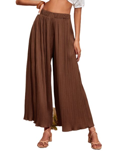 

elastic waist plisse wide leg pants c3z7#, Black;white