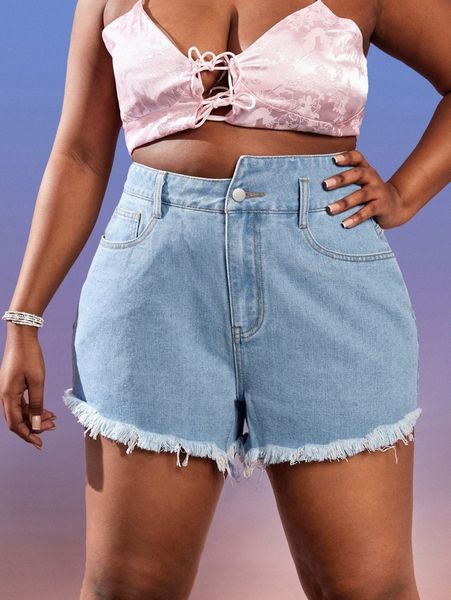 

plus asymmetrical waist raw trim denim shorts m0dz#, White;black